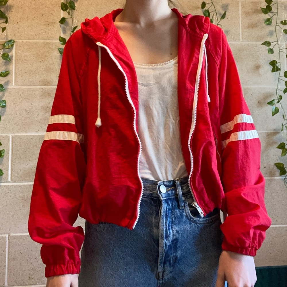 Brandy Melville Cherry Red Sporty Retro Hoodie Rain Jacket